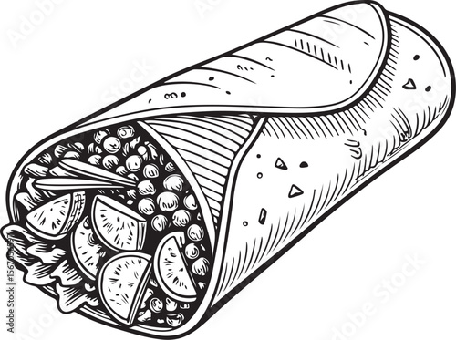 Enchilada or Burrito Vector Illustration, Sketch Drawing Line Linear Symbol Icon Engraving Coloring Book, Hand-drawn Black and White Isolated