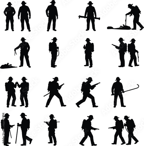 Firefighters silhouettes various poses emergency response team