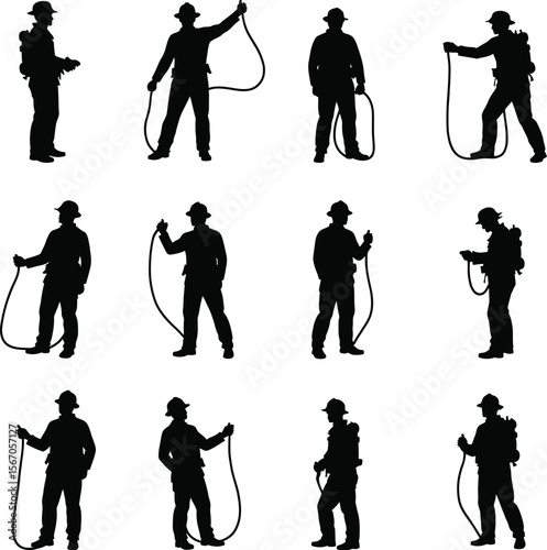 Twelve firefighters silhouettes poses with rope