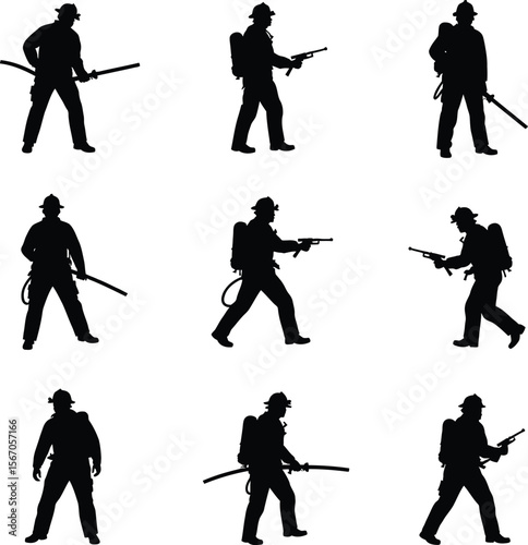 Firefighters silhouettes action poses emergency response