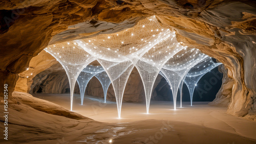 A dramatic interior photograph of a natural cave with an ethereal white sculptural installation stretching across its ceiling.