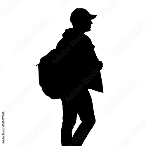 Silhouette of traveler adjusting jacket, outdoor adventure flexibility