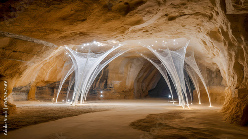 A dramatic interior photograph of a natural cave with an ethereal white sculptural installation stretching across its ceiling.