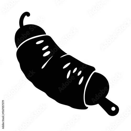 Silhouette of cheese-wrapped pickle, black and white snacking illustration