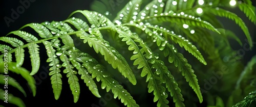 Macro close up of detailed green fern leaves with droplets collected on soft fine hairs