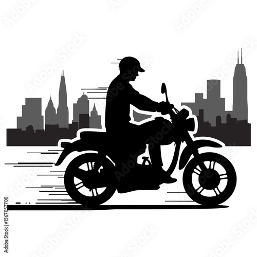 Silhouette of a motorcyclist speeding through cityscape, urban mobility