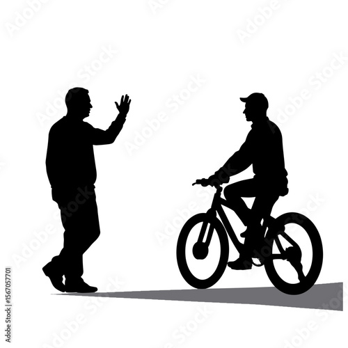 Silhouette of pedestrian waving to cyclist, concept of urban harmony and shared space