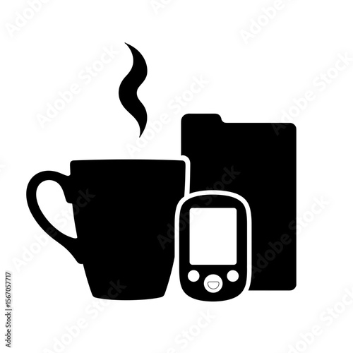 Silhouette of glucometer with coffee mug and file, medical lifestyle integration