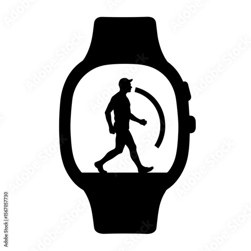 Silhouette of smartwatch with walking man icon, fitness tracking progress