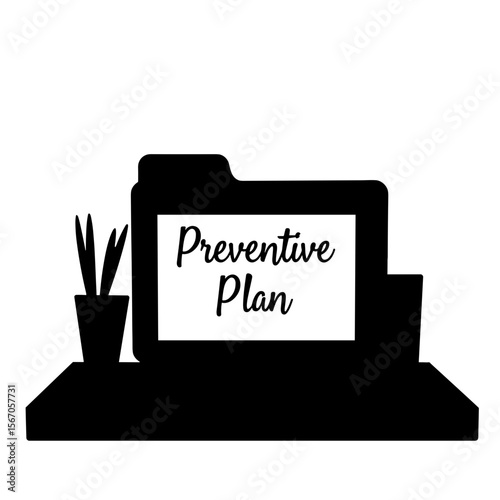 Silhouette of clinic file labeled "Preventive Plan", healthcare management concept