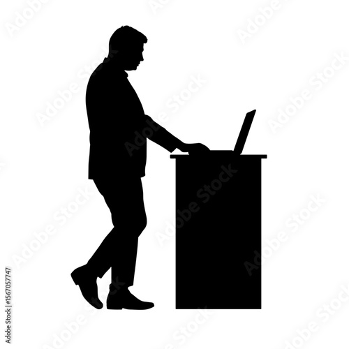 Silhouette of entrepreneur working at standing desk, workflow productivity