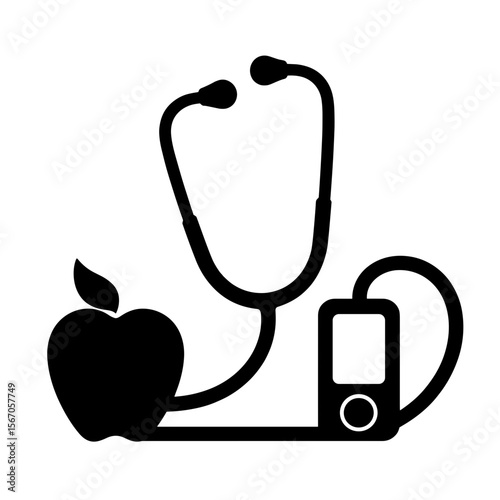 Silhouette of stethoscope, apple, and glucometer trio on white, healthcare and wellness