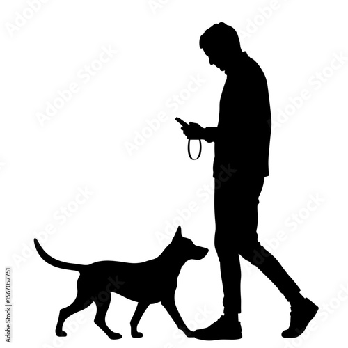 Silhouette of dog walker checking smartwatch on walk, fitness and pet care