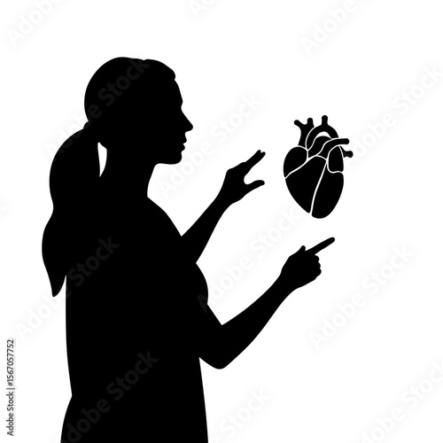 Silhouette of health professional pointing to heart model, cardio education concept