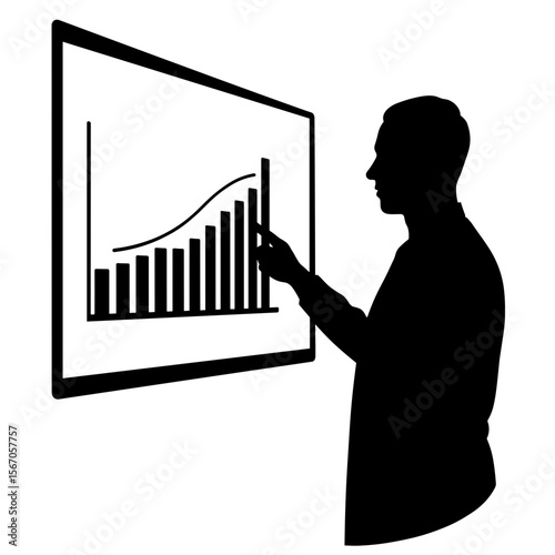 Silhouette specialist pointing at digital chart screen, data analysis growth
