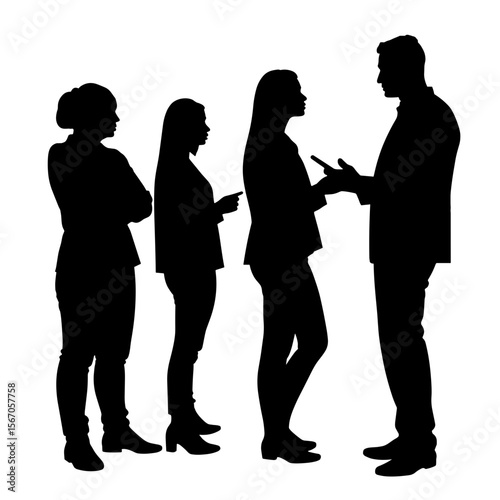 Silhouette of diverse professionals in conversation, teamwork collaboration