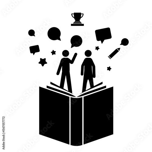 Silhouette business strategy icons emerging from open book, knowledge transfer