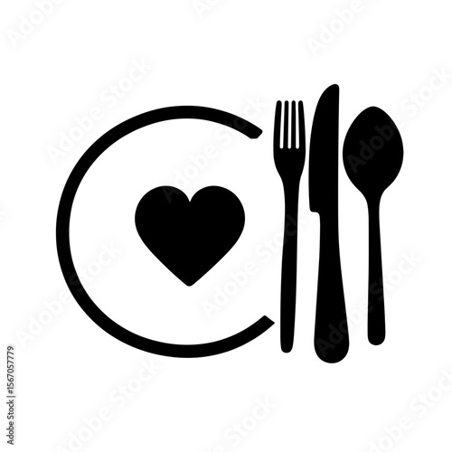 Heart on plate with cutlery symbol, hospitality and dining love