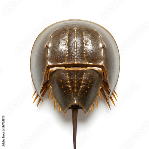 A horseshoe crab stands in striking detail, presenting its unique shell structure and ancient heritage in sharp focus.