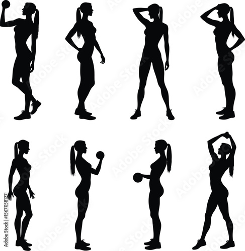 Fitness woman silhouettes workout poses dumbbells exercise