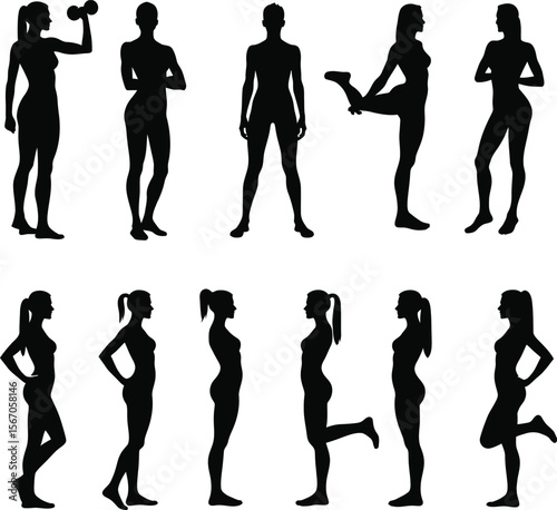 Fitness women silhouettes diverse poses workout exercises
