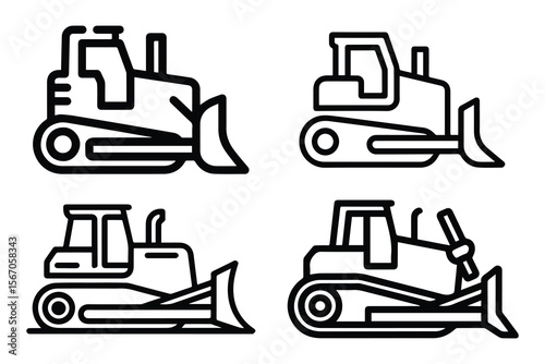 Bulldozer Line Art Icons Set on Transparent Background