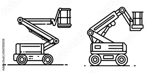 Two Cherry Picker Lift Icons in Black Outline on Transparent Background