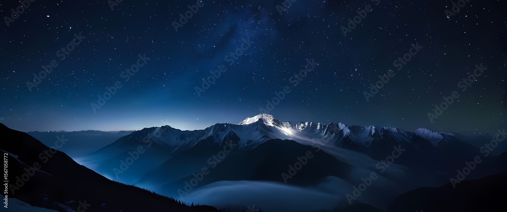 Naklejka premium Night sky filled with millions of stars above snowy mountain silhouette in dark indigo hues