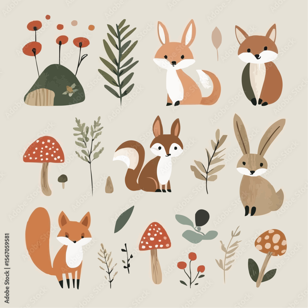 Playful flat magical forest clipart set with cute deer, fox, rabbit, owl, mushrooms and leaves for nursery decor, packaging, greeting cards and DIY crafts
Playful flat magical forest clipart set with cute deer, fox, rabbit, owl, mushrooms and leaves for nursery decor, packaging, greeting cards and DIY crafts