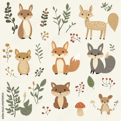 Charming flat magical forest clipart set with woodland animals, mushrooms, leaves and berries in soft earthy colors for packaging, nursery decor, printable projects and eco-friendly crafts