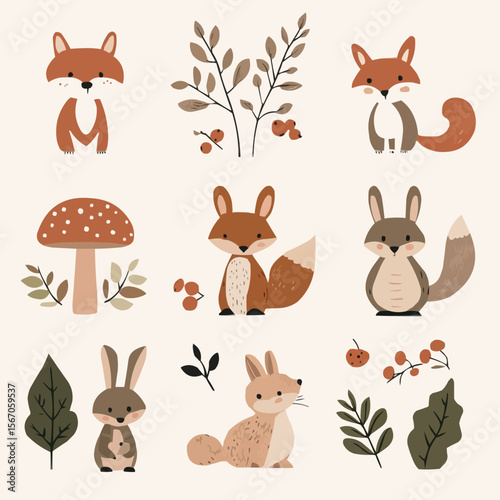 Bright flat forest animals set with simple cartoon deer, fox, bunny, and mushrooms in earthy colors for nursery prints, children’s packaging, wall art and printable crafts