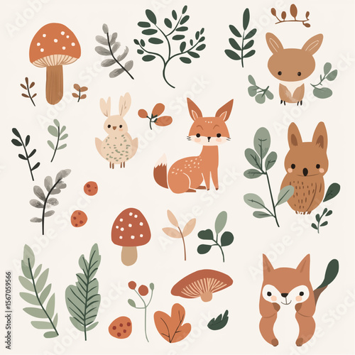 Playful flat woodland animals clipart set with cute deer, rabbit, fox, mushrooms and nature elements for nursery decor, packaging, craft projects and party invitations
