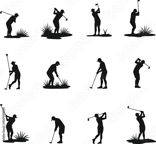 Golfers silhouette set fairway icons sport