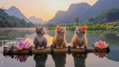 Cats sitting on traditional boats on river perfect for unique travel or animal-themed content