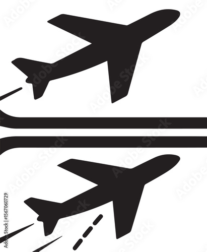 A vector image featuring two black airplanes in motion, one taking off with dashed lines, separated by two horizontal bars, and the other with a curved dashed path.