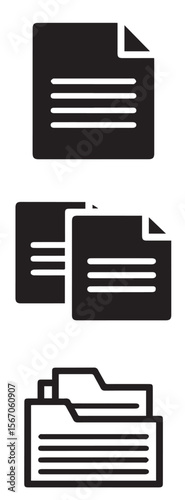 A vector image featuring three black icons: a single document, two overlapping documents, and an open folder with documents inside, symbolizing organization.