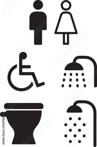 A vector image featuring a collection of black icons related to public facilities: male, female, disabled access, toilet, and two shower symbols.