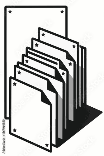 
A vector image depicts multiple documents, each with small stars in the corners, arranged vertically like files in a folder, with one large document behind them.