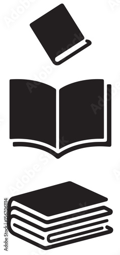 A black and white vector image depicts three book icons: a single closed book, an open book, and a stack of three closed books.