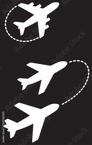 
A vector image showing three white airplanes with dashed flight paths on a black background, suggesting various aerial maneuvers or routes.