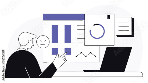 Man analyzing data charts with an angry face expression at his desk with a laptop and documents