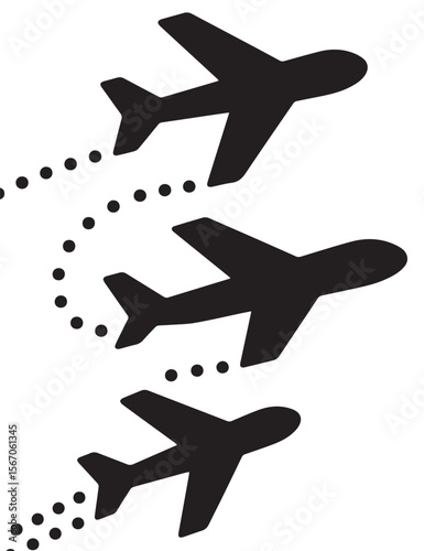 
A vector image featuring three black airplanes in a vertical arrangement, with dashed lines indicating their flight paths on a white background.