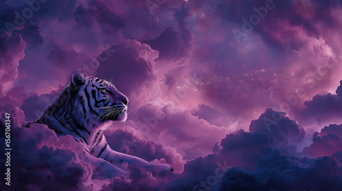 Majestic tiger roaming through ethereal clouds at dusk digital art surreal environment captivating viewpoint symbol of strength
