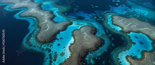 Top view abstract aerial photo of colorful coral reefs interwoven with vivid blue sea