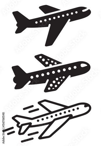 
A black and white vector image displays three airplanes, with the top two solid black and the bottom one an outline with motion lines, all featuring rows of windows.