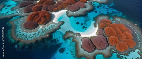 Top view abstract aerial photo of colorful coral reefs interwoven with vivid blue sea