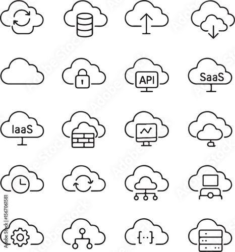 Collection of modern cloud computing icons representing various services and concepts like data storage security api saas iaas and network infrastructure