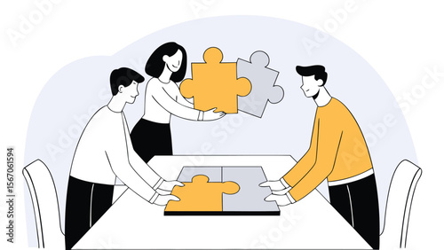People assembling puzzle pieces on a table in an illustration style teamwork and collaboration shown