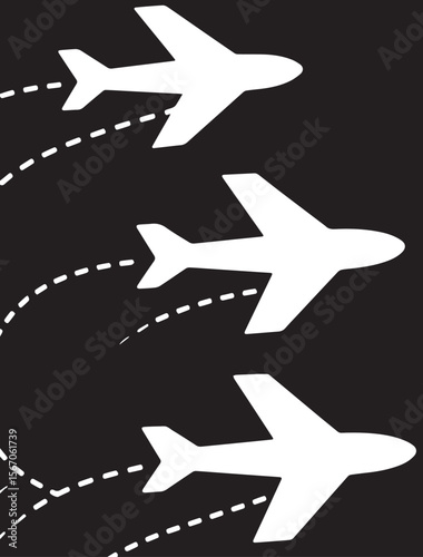 A vector image showing three white airplanes in upward progression on a black background, with dashed lines illustrating their flight paths.