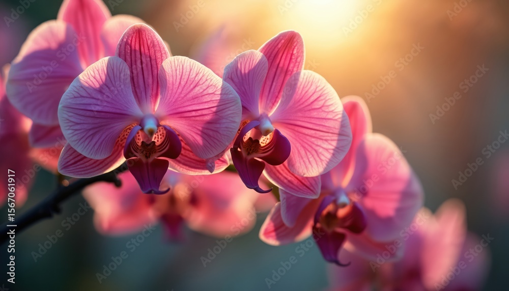 Obraz premium Closeup of beautiful pink orchids blooming in garden. Delicate floral pattern with soft focus background. Nature plant in full bloom, petals. Perfect for wedding design or romantic greeting card.